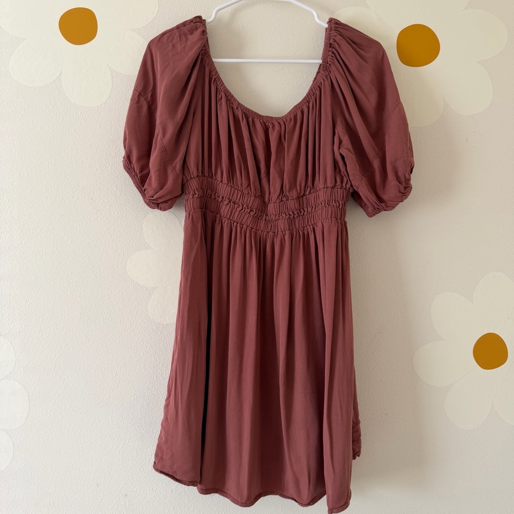 Bohme Rose Mauve Puff Sleeve Mini Boho Dress